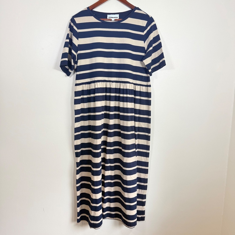 ARMEDANGELS Malenaa Striped Empire Waist Midi T-Shirt Dress Size M Navy Cream